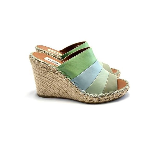 Valentino Garavani Green Striped Leather Wedge Sandal Mules